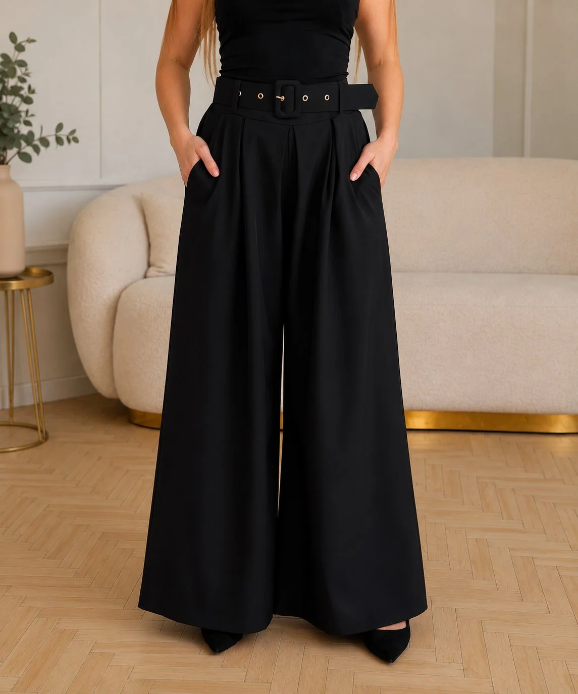 VICTORIA - elegantní široké kalhoty s páskem - černá, velikost od S do L
