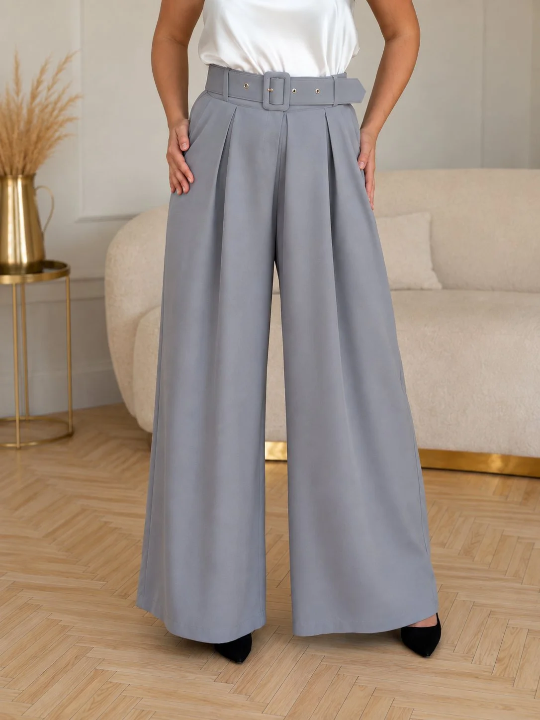 VICTORIA - elegantní široké kalhoty s páskem - šedá, velikost od S do L