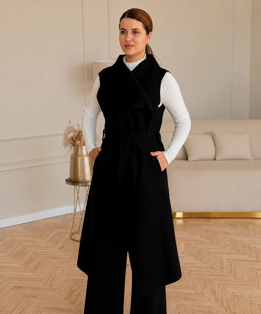 Moly - flaušová vesta dlouhá - černá, sedne od velikosti XS do L