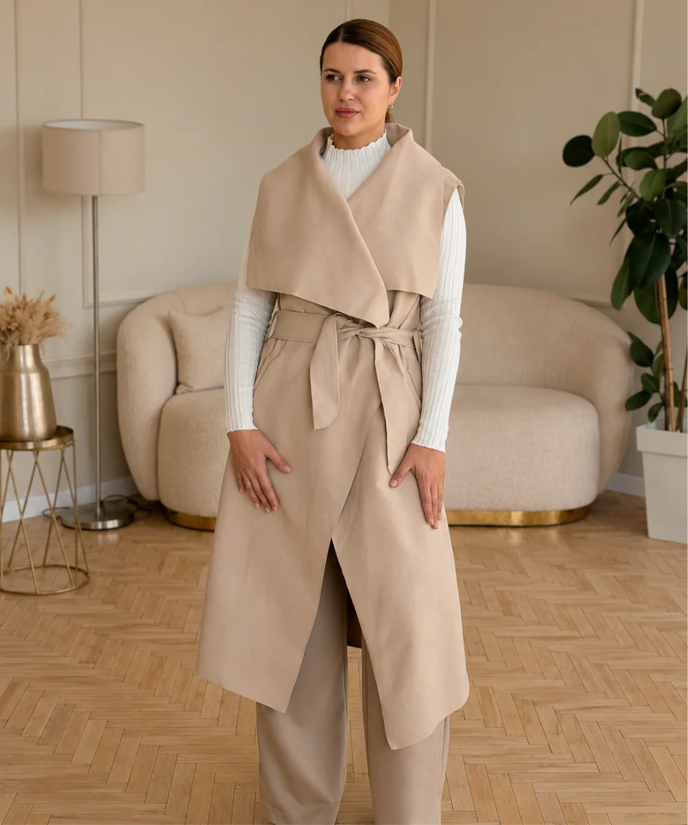 Moly - flaušová vesta dlouhá - latté, sedne od velikosti XS do L