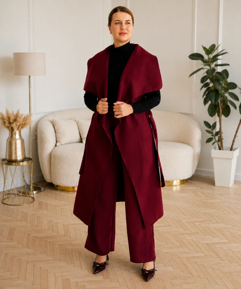 Moly - flaušová vesta dlouhá - burgundy, sedne od velikosti XS do L